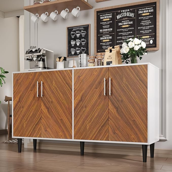 4 EVER WINNER Coffee Bar Cabinet with 4 Doors, Sideboard Buffet Cabinet with Storage, Walnut Buffet Cabinet with Storage with Adjustable Shelves for Kitchen,Living Room,White