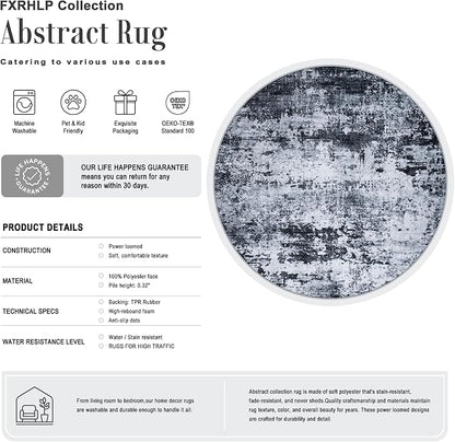 Round Area Rug Living Room: 5 ft Modern Washable Carpet Black | - Image 2