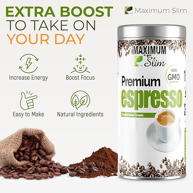 Maximum Slim Premio Instant Espresso Powder – Bold & Rich Flavor 100% Arabica Beans - Non-GMO, Gluten-Free – Premium Medium Roast Coffee 14.1 oz Resealable Jar : Café Instantáneo (Pack of 2)