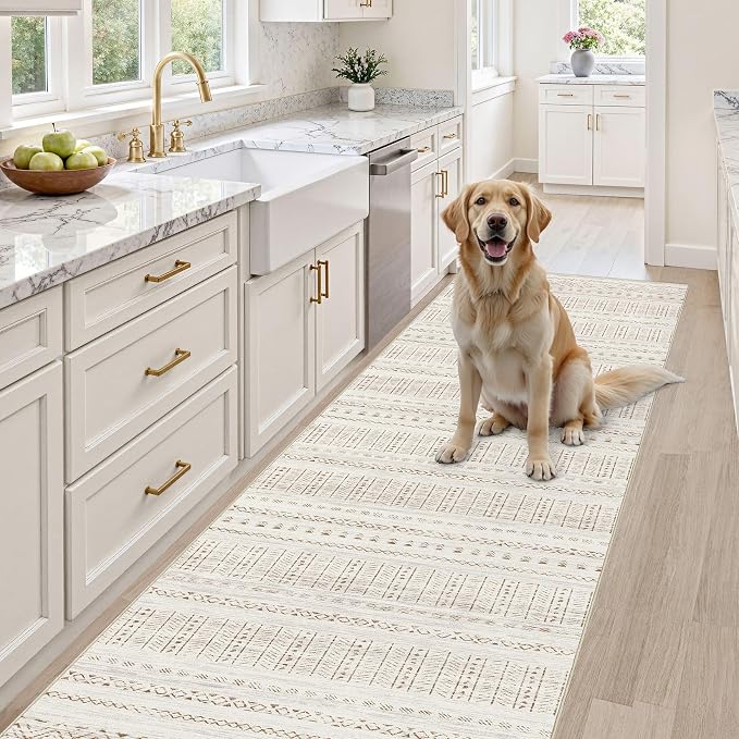 cotiled Hallway 2.6x8 Runner Rugs Washable Boho Rug Brown/Cream | Stain - Image 5