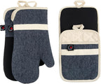 Oven Mitts and PotHolders Sets, 4 Pcs Kitchen Oven Glove High Heat Resistant 400°F Pot Holders for Kitchen, Non-Slip Neoprene Oven Mitts are Suitable for Cooking, Baking (Black)