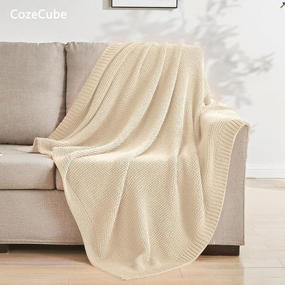 CozeCube Light Beige Seed Stitch Throw Blanket 50"x60", Farmhouse Decor | - Image 3