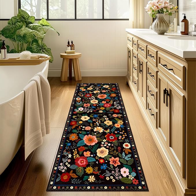 Floral Washable 2x6 Area Rugs Runner Entryway Hallway Black | Flower Carpet - Image 8