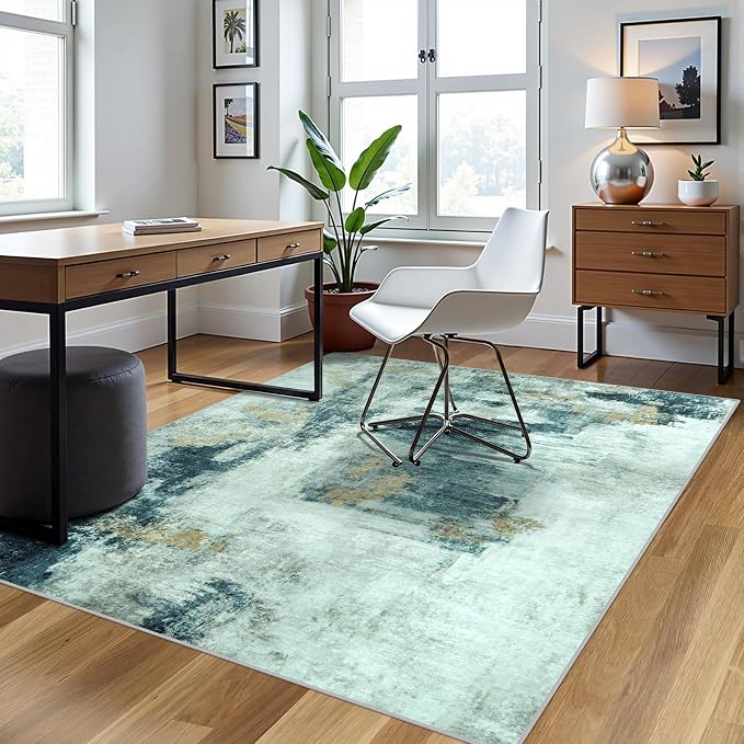 4x6 Area Rugs for Living Room Washable Bedroom Dining Room Teal Grey Gold | - Image 3