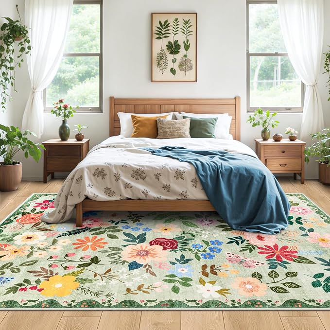 PLHXFR 6x9 Area Rug Living Room: Floral Washable Boho Soft Carpet Green | - Image 3