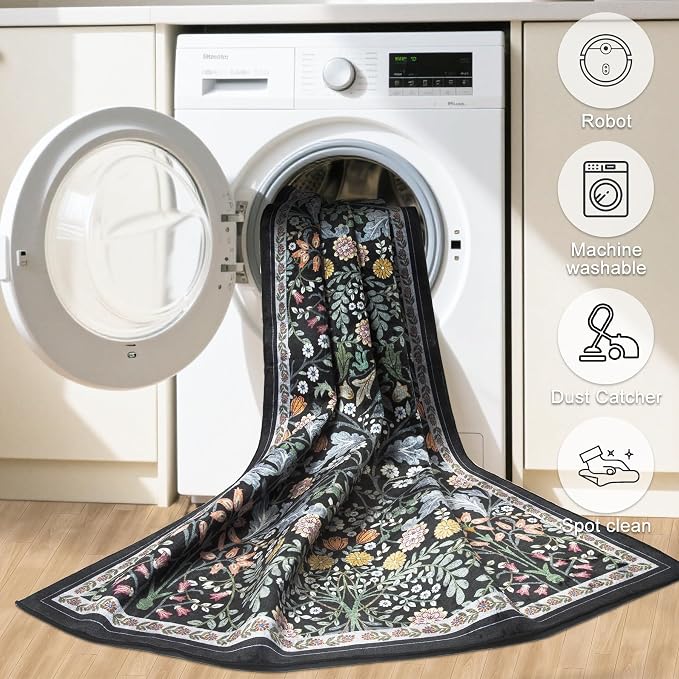 PLHXFR Area Rug Living Room: 3x5 Floral Washable Boho Carpet Dark Black | - Image 8