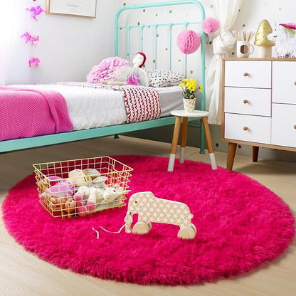 Amdrebio Hot Pink Fluffy Large Round Rug 6Ft - Image 5