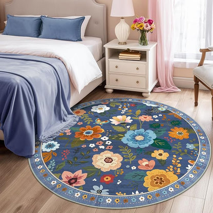 RELEANY Floral Washable Round 6ft Area Rug Blue/Grey | Flower Carpet Print Boho - Image 2