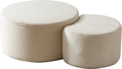 Modern Nesting Coffee Table Set of 2 in Beige, Upholstered Round Living Room - Image 4