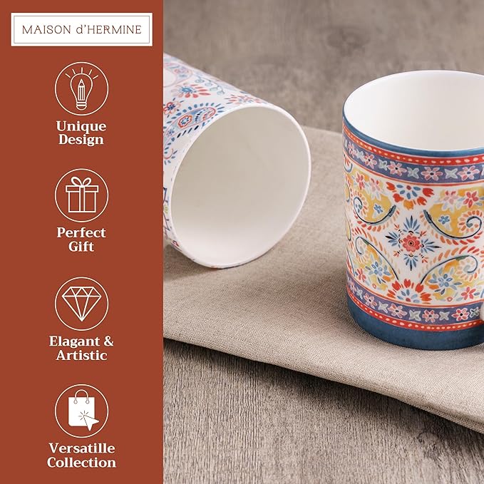 Maison d' Hermine Coffee Mug with Handles Fine Bone China Mugs Pack of Two Tea Cups for Hot Beverages Cappuccino Latte Home Restaurant Office Perfect for Gift (Indian Floral, 12 Ounce)