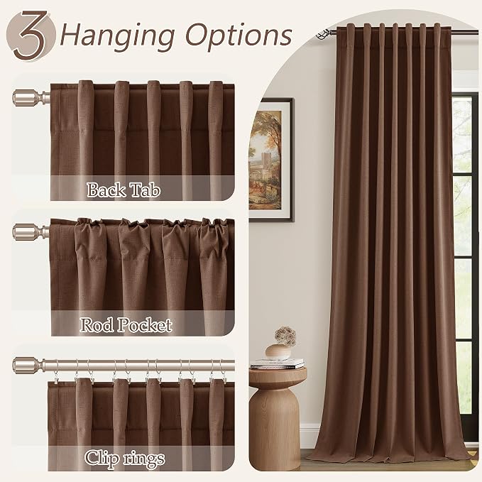 Rustic Brown 100% Blackout Linen Curtains 84 Inch Length 2 Panels Set - Image 6