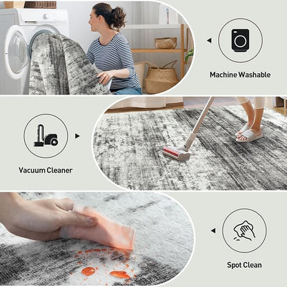 10x14 Area Rugs for Living Room: Washable Abstract Black Grey Carpet | Non-slip - Image 4