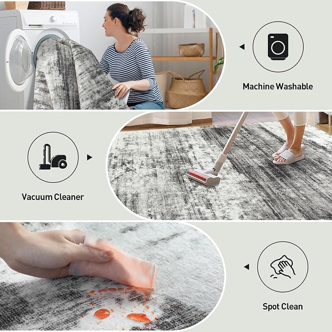 4x6 Area Rugs for Living Room: Washable Abstract Black Grey Badroom Carpet | - Image 3