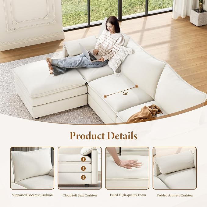 Vesgantti 108" U Shaped Sectional Couch, Comfy Cloud Modular Sectional Sofa - Image 4