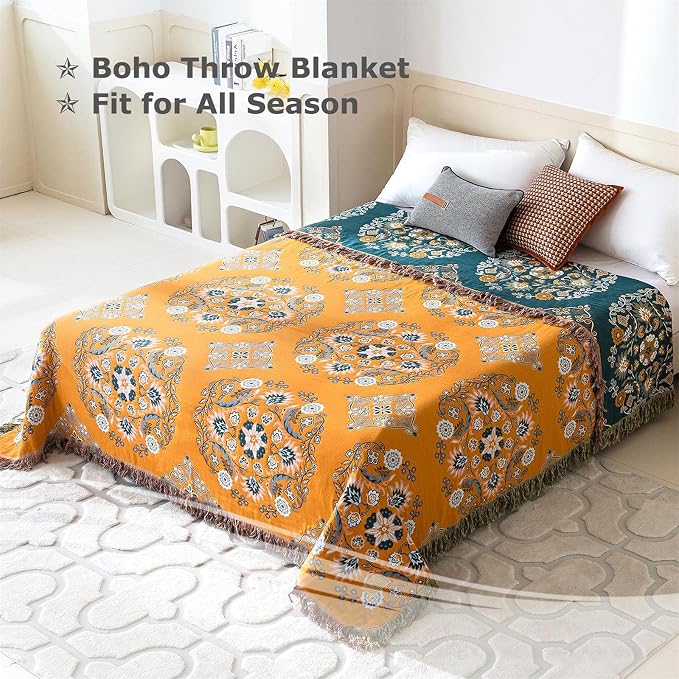 LUTBM Boho Throw Blanket for Bed 100% Cotton Soft Lightweight Quilt Floral - Image 3
