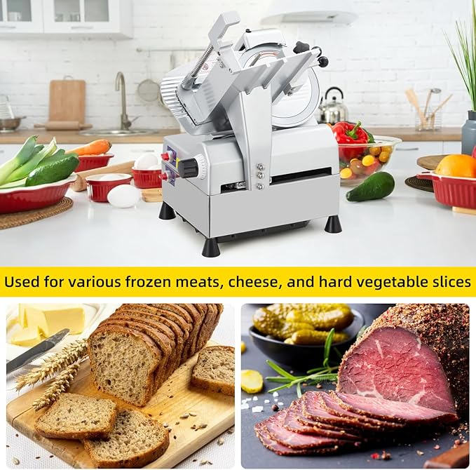 Dual Motor Automatic Meat Slicer 240W + 430W Power | 10" Sharp Carbon Steel Blade, 0-16mm Adjustable Thickness | Ideal for Deli Meats, Cheeses & Home Kitchen Use