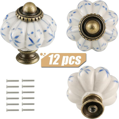 Ivory & Blue Pumpkin Knobs 12 Pack Ceramic Cabinet Knobs Vintage Drawer Pulls - Image 2