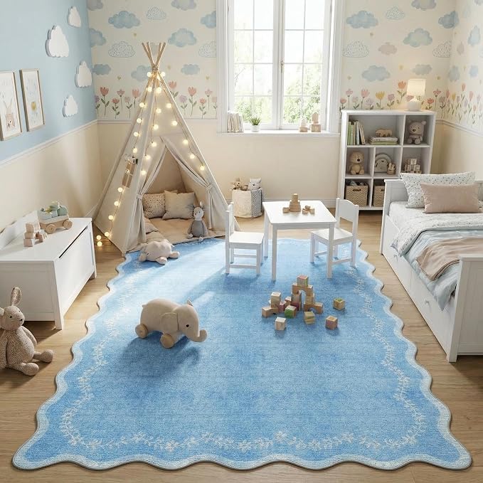 GarveeHome 5x7 Scalloped Area Rug Blue Washable Bedroom Living Room Rug | Soft - Image 8
