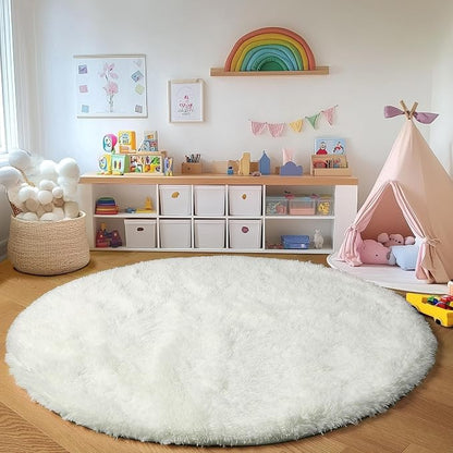 Cream White Round Area Rug 4ft, Fluffy Ultra Soft Bedroom Circle Rugs Floor Mat - Image 5