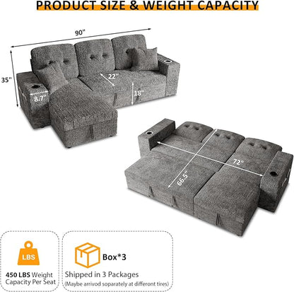 90 Inch Modular Sectional Sleeper Sofa Bed, 4 in 1 Pull Out Couch Bed - Image 3