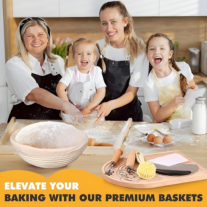 Sourdough Bread Baking Supplies, Sourdough Starter Kit, 9 Inch Round Banneton Basket with Cloth Liners, Dough Scrapers, Dough Whisk, Dough Cutter, Bread Lame for Making Baking Fermentation
