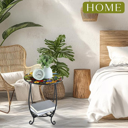 Cinnvoice Outdoor Side Table Round Small Mosaic Patio Accent Indoor End Plant - Image 2