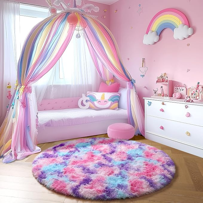 Amdrebio Pink Blue Purple Round Circle Rug 4Ft - Image 7