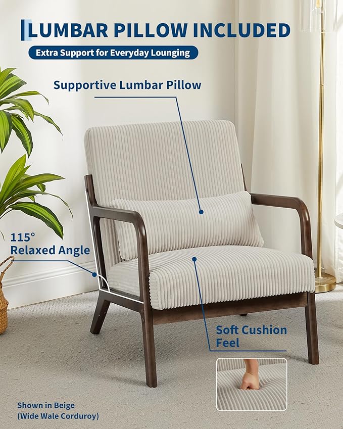 Garvee Mid-Century Modern Accent Chair, Sherpa Upholstery, Solid Wood Armchair - Image 3