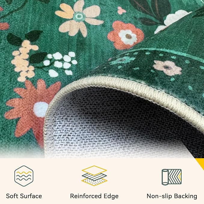 RELEANY Floral Washable 6x9 Area Rugs DarkGreen | Flower Carpet Print Boho Cute - Image 3