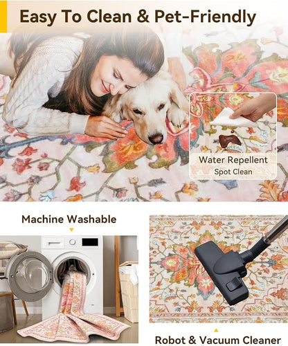 RELEANY Washable Area Rug, Water Repellent, Pet Friendly, Vintage Floral Boho - Image 4