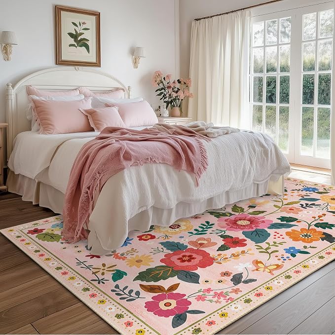 RELEANY Floral Washable 6x9 Area Rugs Pink | Flower Carpet Print Boho Cute Non - Image 3