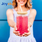 Joyclub Glass Cups with Bamboo Lids and Straws 6 Set 16 oz Reusable Iced Coffee Cup Beer Can Drinking Jars for Smoothie Whiskey Boba Soda Tea Gift