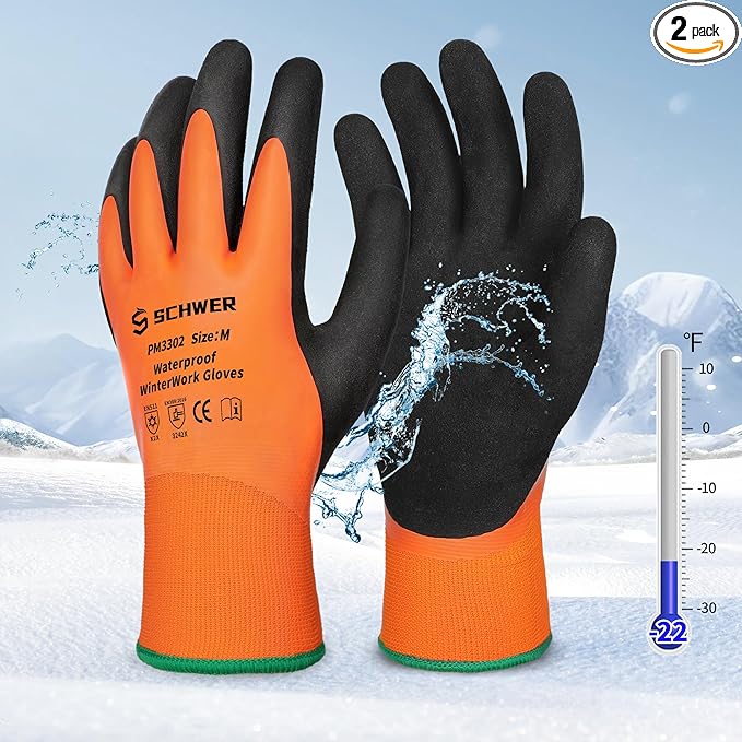 Schwer 2 Pairs FreezeGuard Winter Work Gloves, ANSI A2 Cut Resistant Freezer Gloves for Outdoor Cold Weather Keep Hands Warm, Waterproof Gloves for Shoveling Snow, Ice Fishing, M