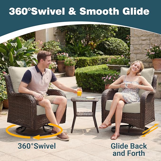 Patio Furniture Set, High Back Rattan Sofa & Swivel Rocker Chairs, Weather - Image 3