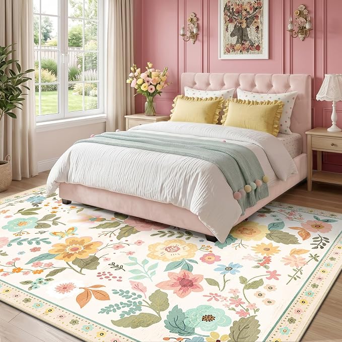 RELEANY Floral Washable 5x7 Area Rugs Beige/White/Orange | Flower Carpet Print - Image 6