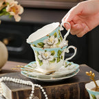 TATSUMI Country Roses Bone China Tea Cup and Saucer Set, 6 Pieces, Vintage Style, For Women and Tea Parties(Light Green, 2 sets)