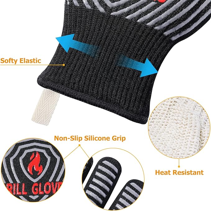 QUWIN BBQ Gloves, Oven Gloves, Grilling Gloves Silicone Non-Slip Oven Mitts, Kitchen Gloves for BBQ, Grilling, Cooking, Baking-1 Pair… (Black, One Size Fits Most)