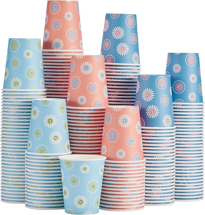 300 Pack Paper Cups 8 oz, Disposable Coffee Cups, Paper Coffee Cups 8 oz, Colourful Hot/Cold Beverage Drinking Cup for Water Juice or Tea, Office Party Home Travel - Daisy