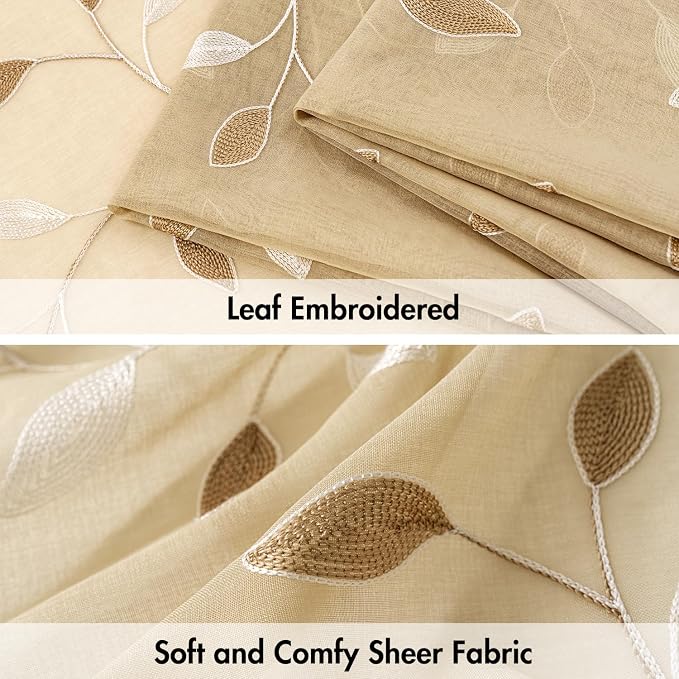 MIULEE Beige Sheer Curtains 2 Panels Embroidered Leaf Patterned, W52 x L63 | - Image 4