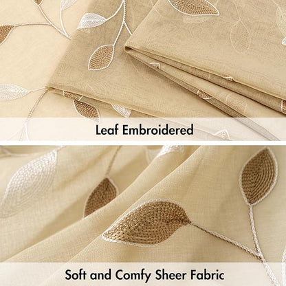MIULEE Beige Sheer Curtains 2 Panels Leaf Patterned, W30 x L30 | Embroidered - Image 4