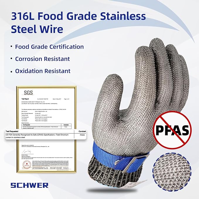 Schwer SlicePro ANSI A9 Cut Resistant Glove PR1706, Stainless Steel Mesh Metal Glove, Food Grade for Kitchen Cooking, Butcher Meat Cutting, Oyster Shucking, Mandoline, Fishing, Non-PFAS(M, 1 Pair)