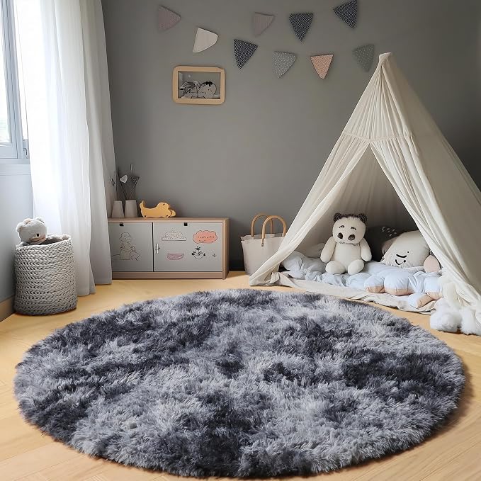 Tie-Dyed Dark Grey Round Area Rugs 5ft, Ultra Soft Bedroom Circle Rug - Image 6