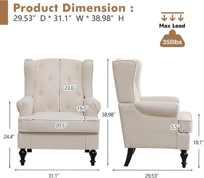 Accent Chair Set of 2, Mid Century Modern Fabric Wingback Chair, Upholstered - Image 2
