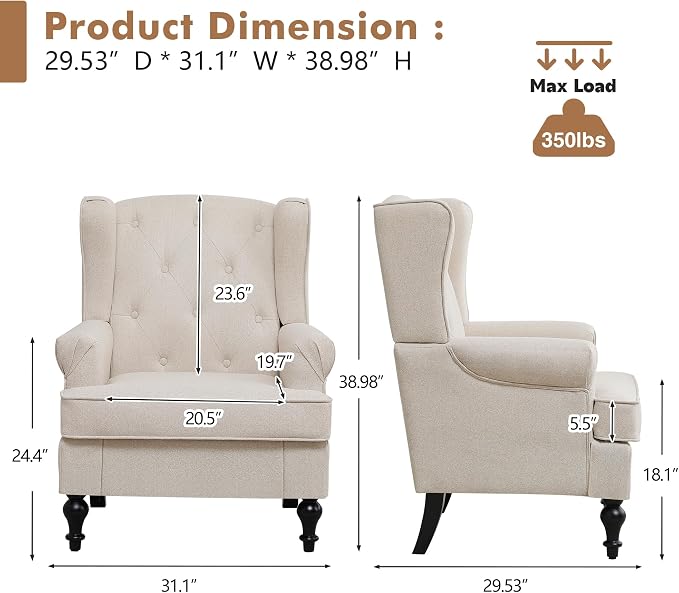 Accent Chair for Living Room, Mid Century Modern Upholstered Armchair, Wingback - Image 2