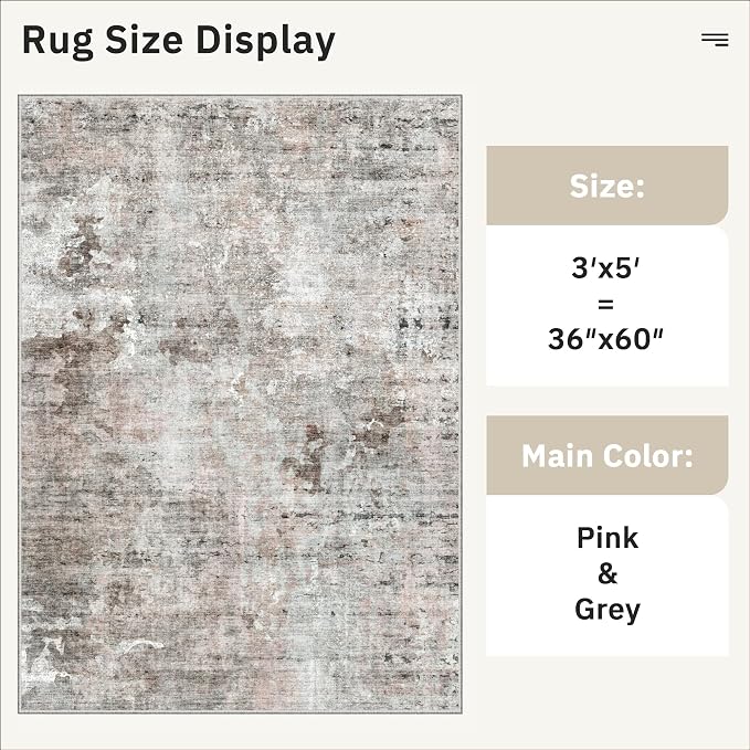 Soalmost Abstract 3x5 Rugs, Small Kitchen Entryway Area Rug Pink/Grey | Vintage - Image 5
