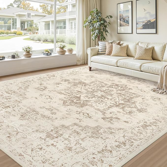 8x10 Area Rugs Living Room: Bedroom Washable Carpet Beige/Ivory | Vintage Boho - Image 9