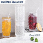 16 Oz Glass Cups Set of 4, Vintage Embossed Floral Glass Tumbler, Iced Coffee Cups with Lid, for Whiskey Cocktail Beer (4 PACK)