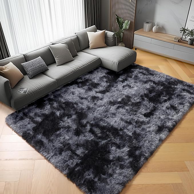 6x9 Area Rugs for Living Room Bedroom, Tie-Dyed Dark Grey Large Fluffy Bedside - Image 2