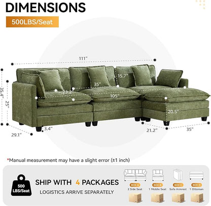 111'' Cloud Deep Seat Sectional Couch, Modern Comfy Chenille L Shaped Sectional - Image 2