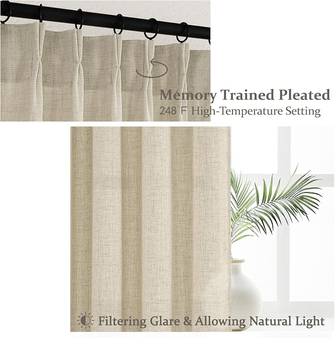 Warm Beige Extra Wide 70 Inch Pinch Pleated Natural Linen Curtains 84 Inch - Image 4